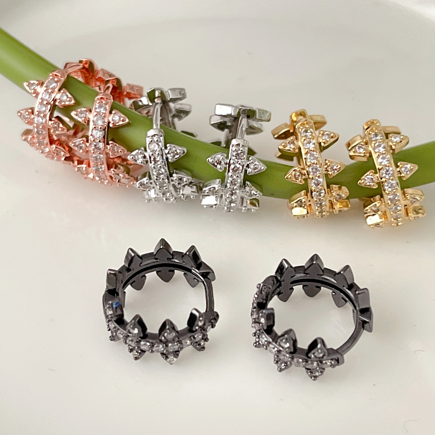 Pave zircon leaf hoops earrings