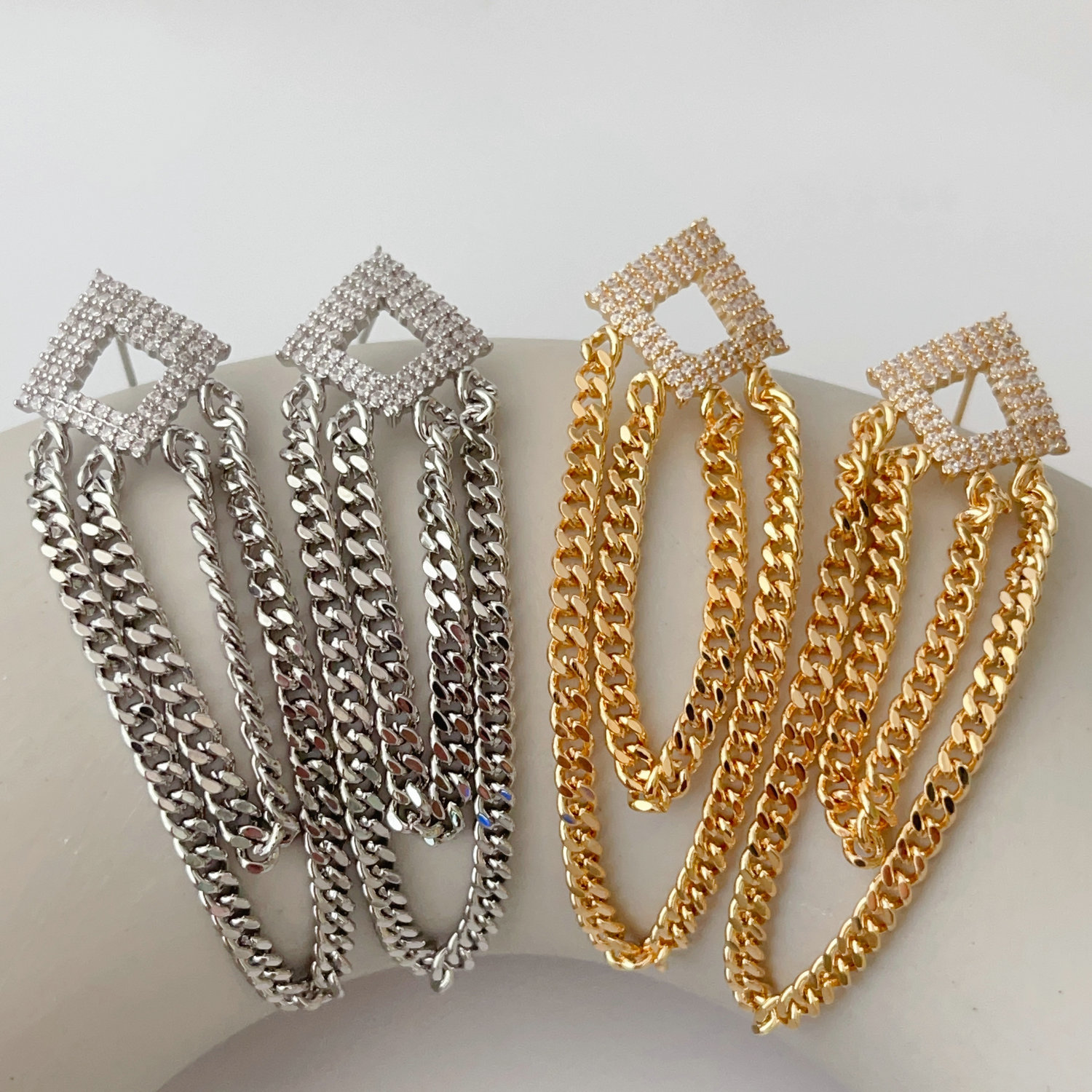 Pave square earrings with chain tassel