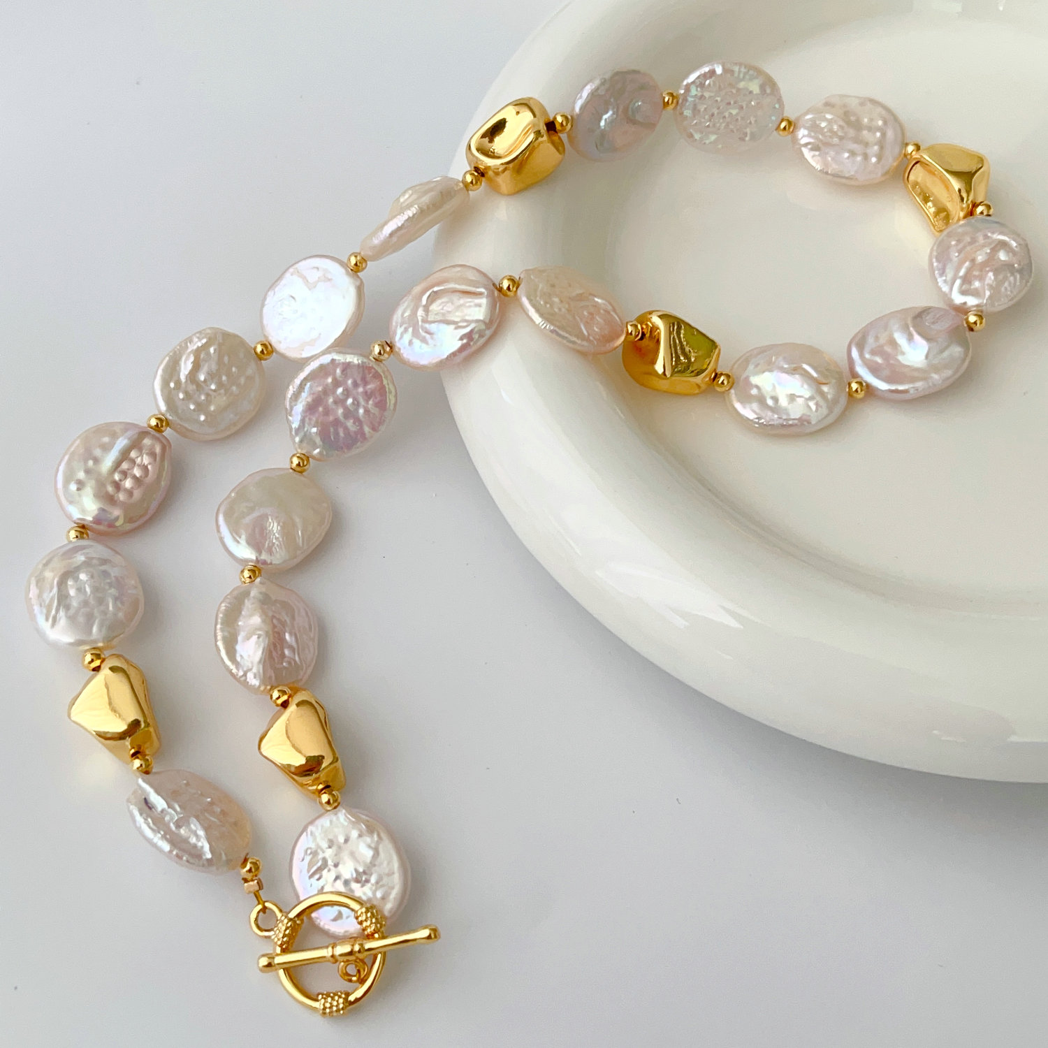 Fresh Water Pearl Necklace With Gold Beaded