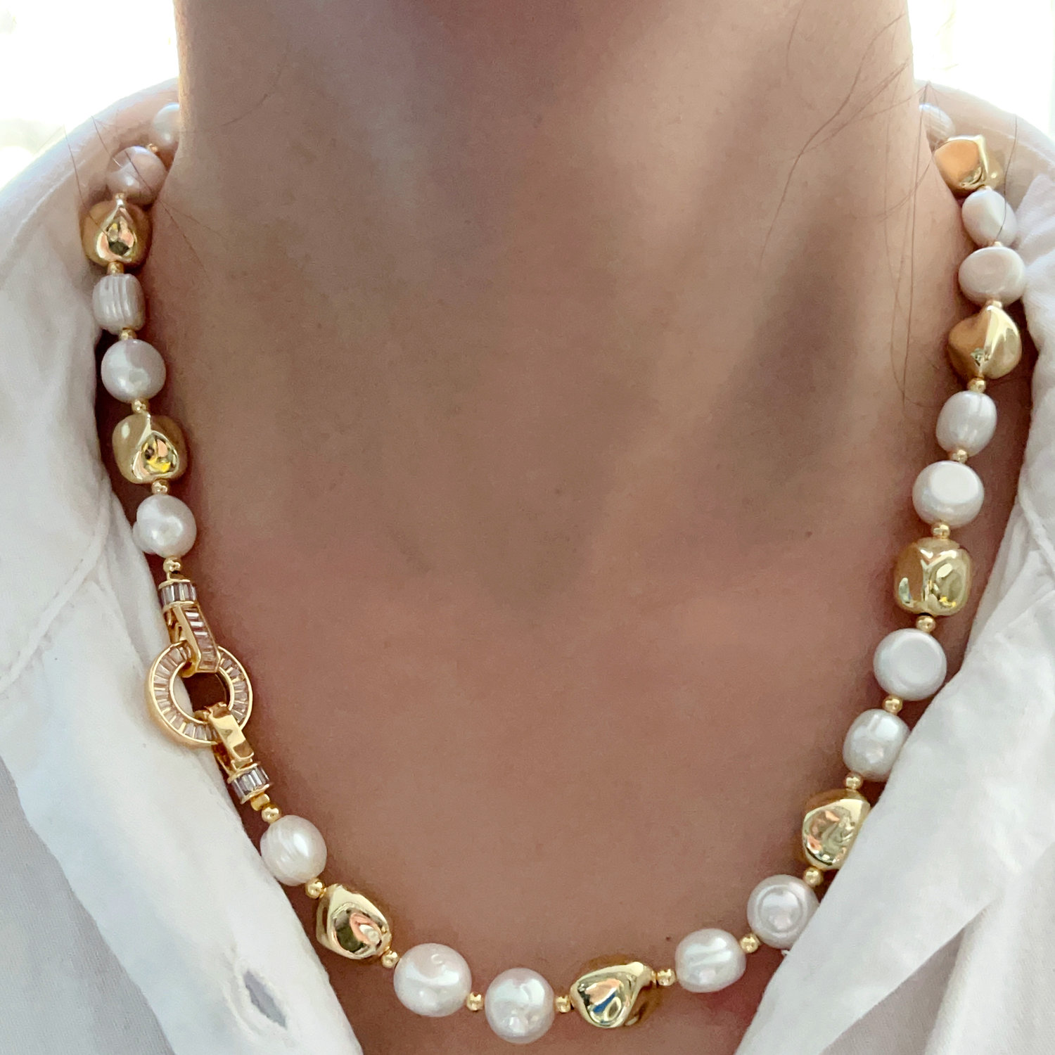 Fresh Water Pearl  Necklace With Gold Beaded