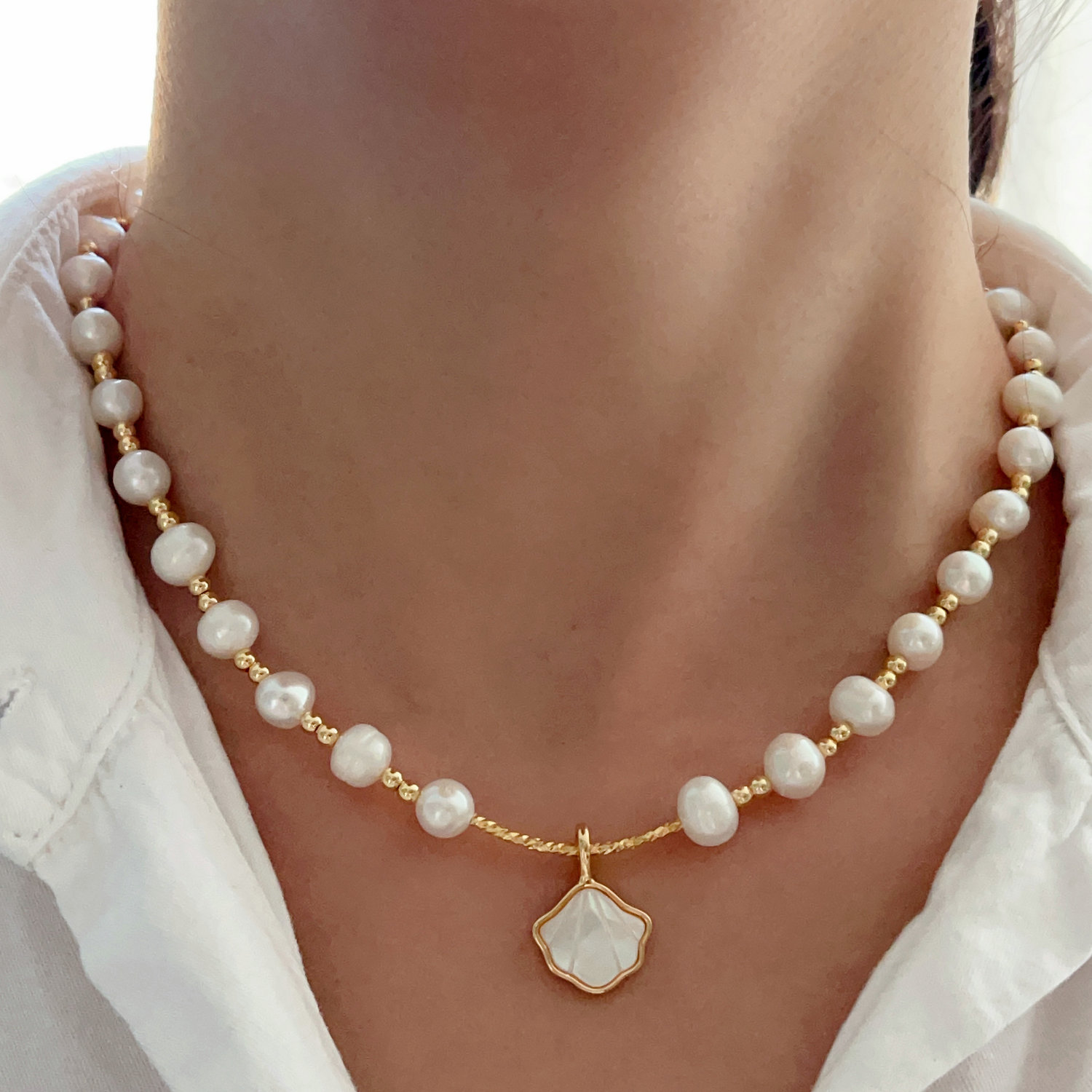 Fresh Water Pearl Necklace With Shell Pendant