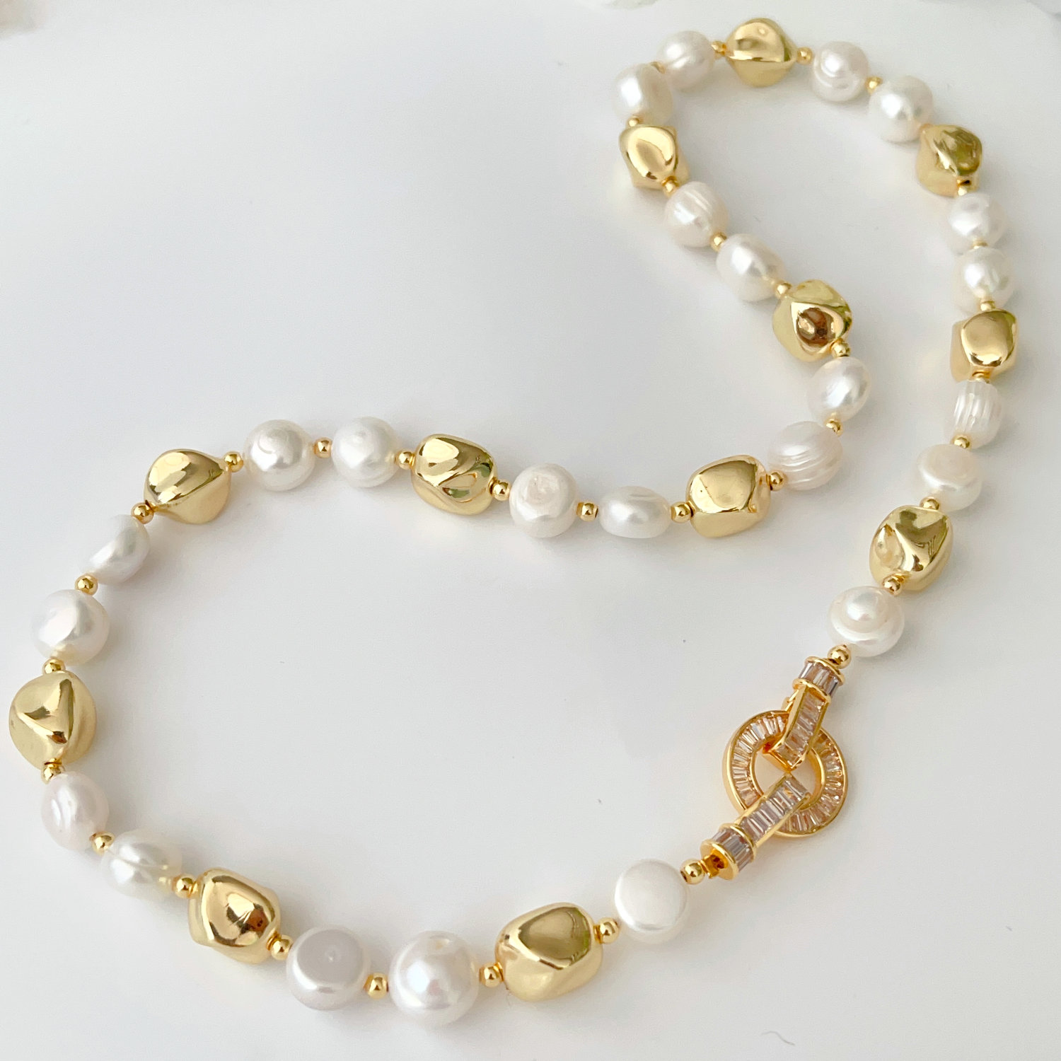 Fresh Water Pearl  Necklace With Gold Beaded