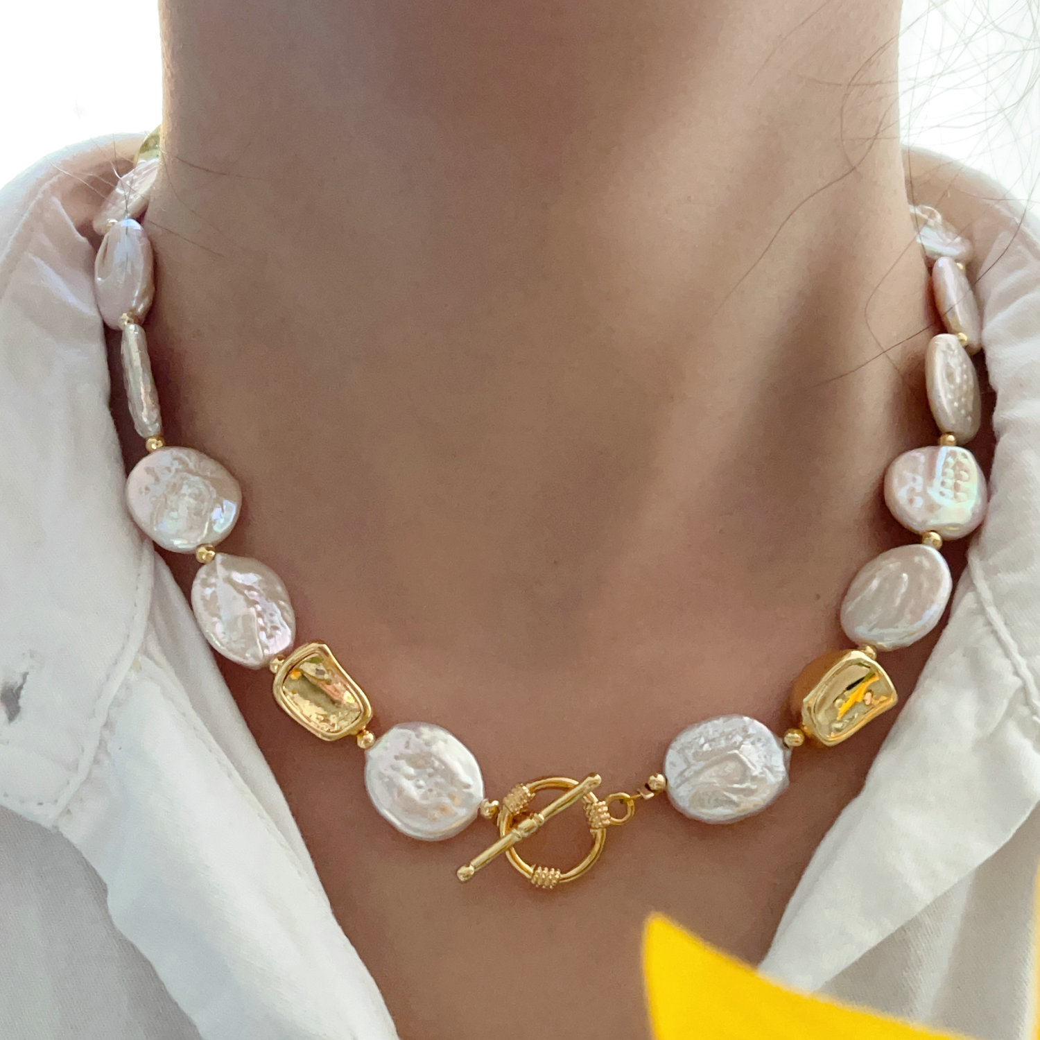 Fresh Water Pearl Necklace With Gold Beaded
