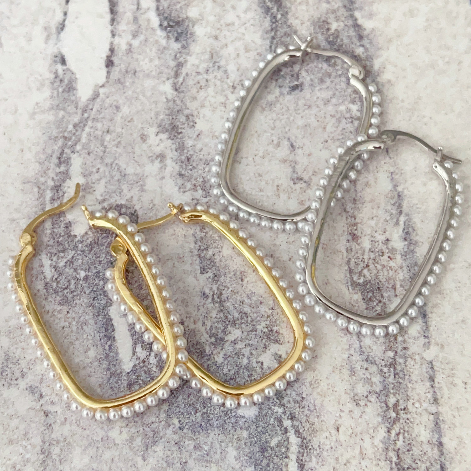 Long quare pearl hoops earrings
