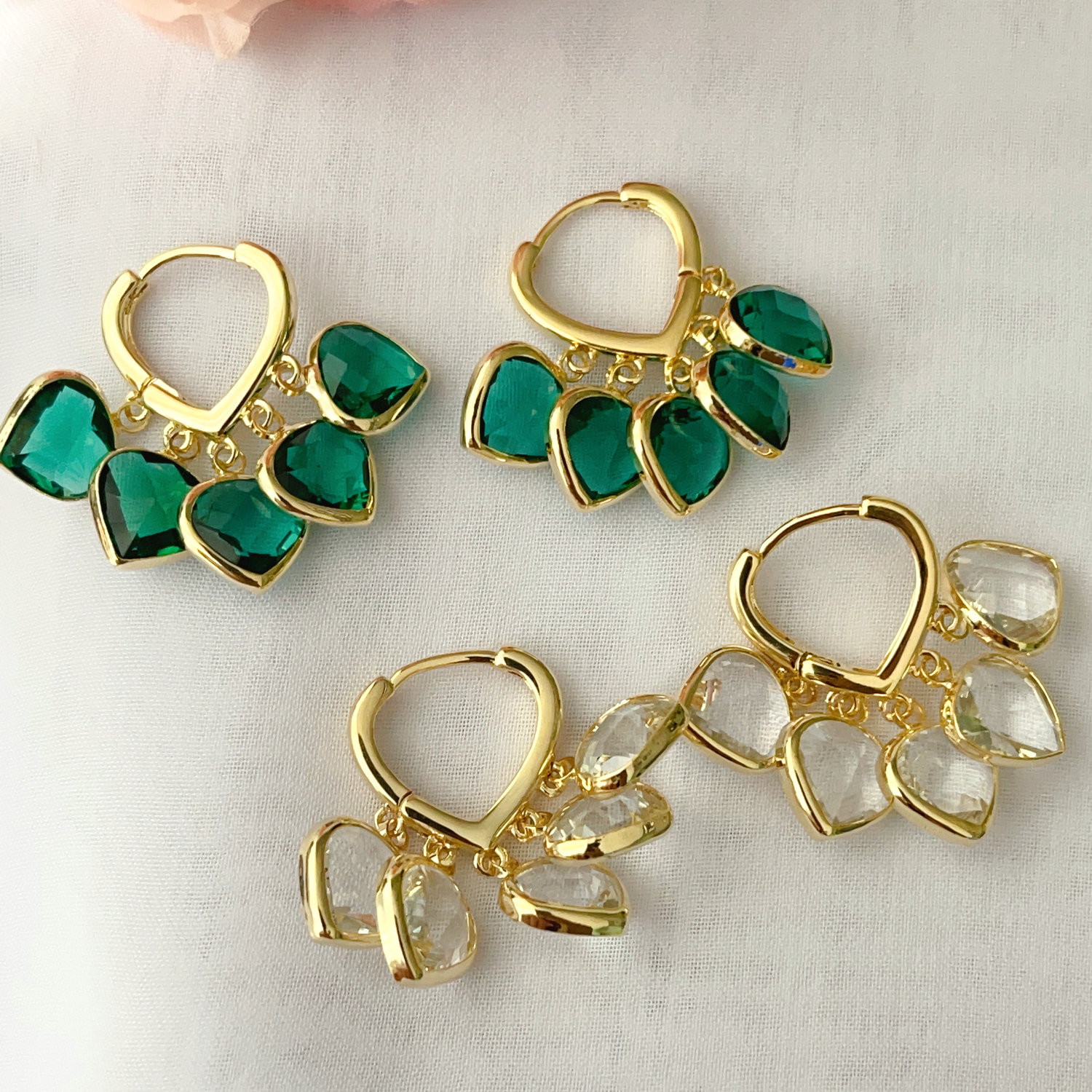Heart charm drop hoops earrings