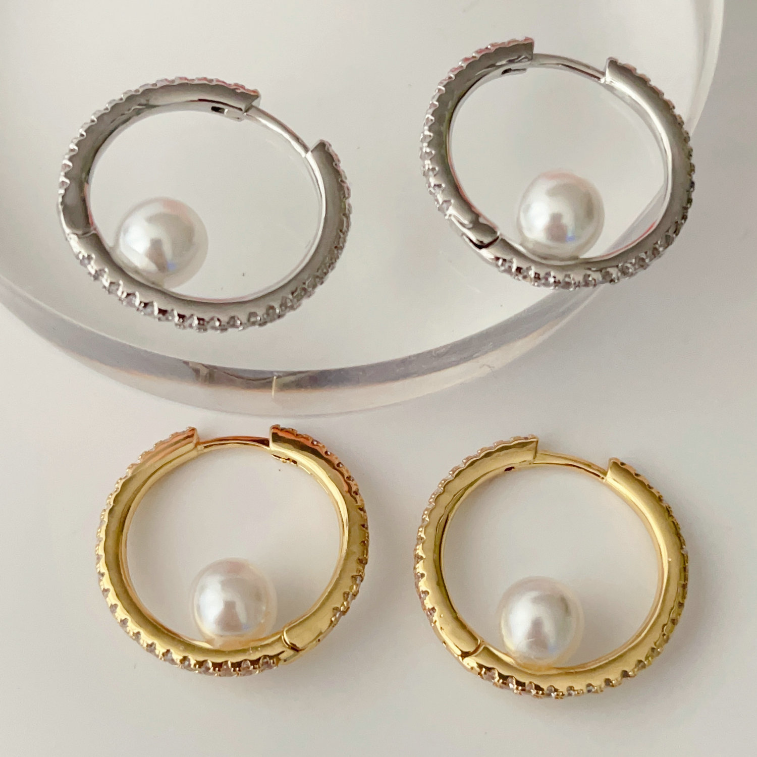 Pearl pave hoops earrings