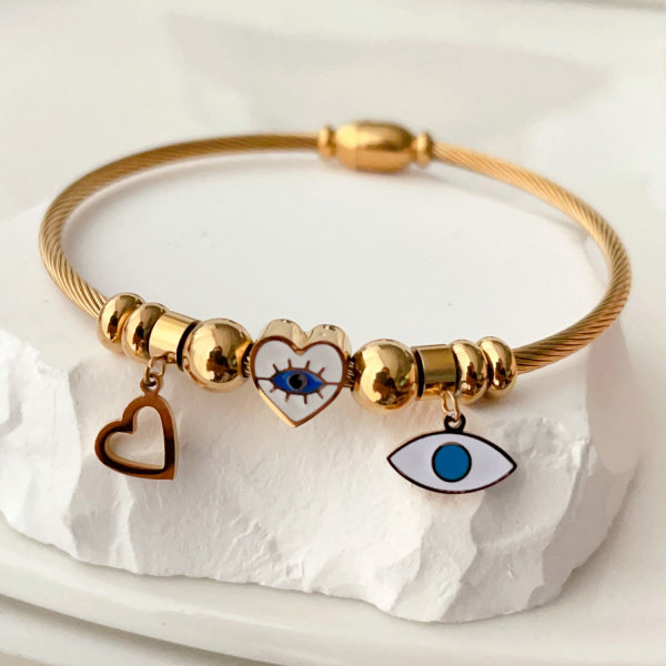 stainless steel bracelet with evil eye charm
