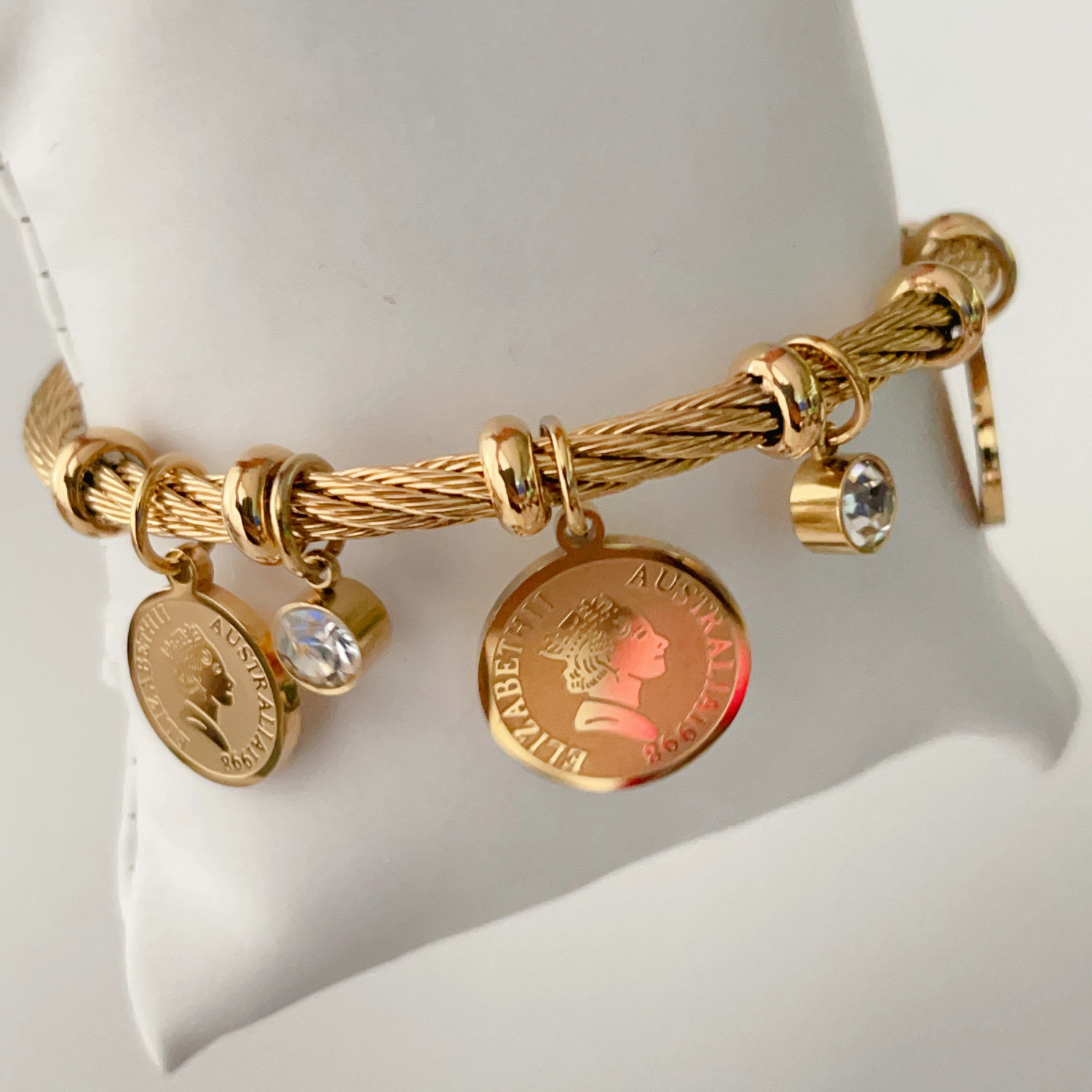 Coin charm stainless steel bracelet