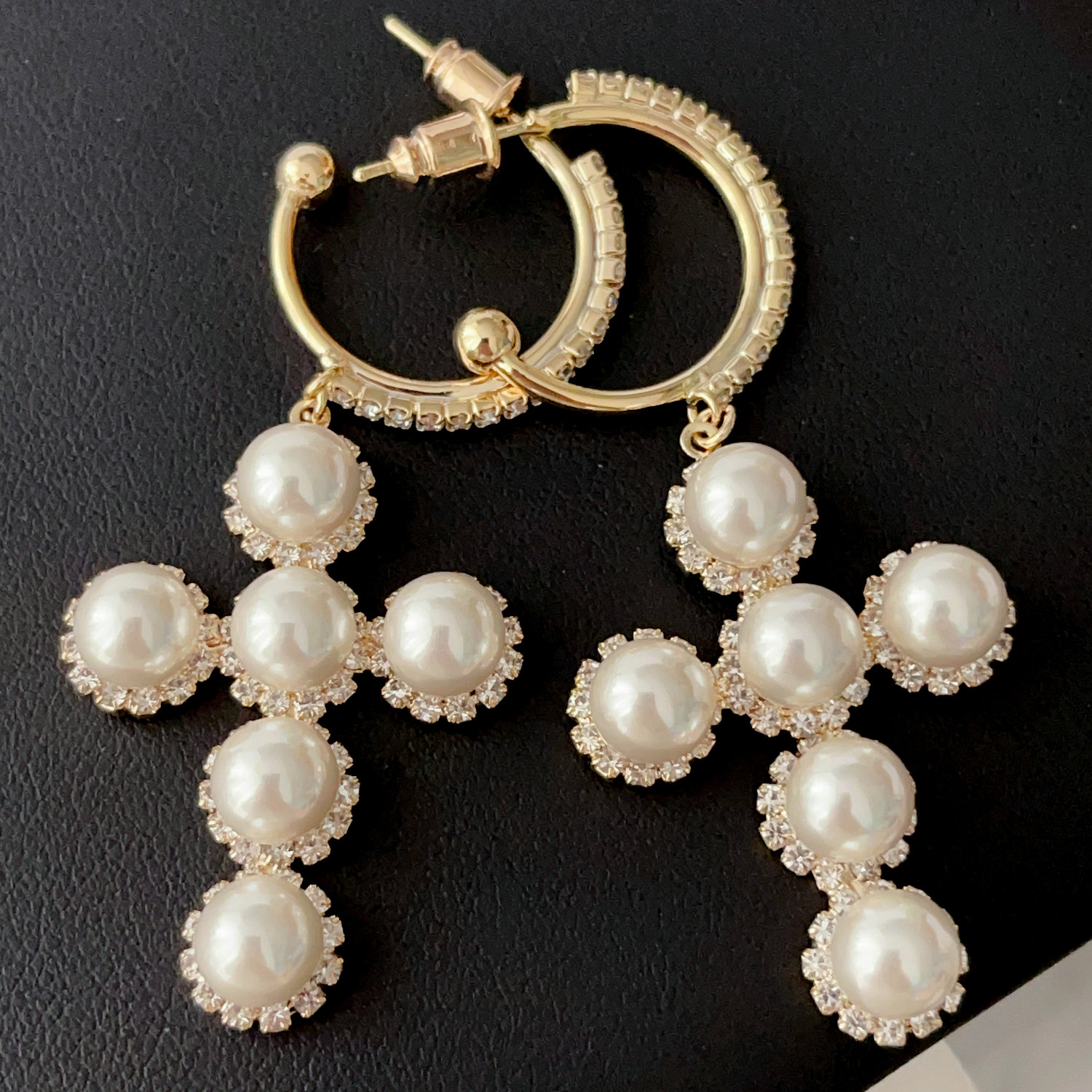 Pearl cross pendant earrings