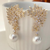Pave leaf pearl earrings