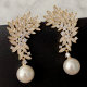 Pave leaf pearl earrings
