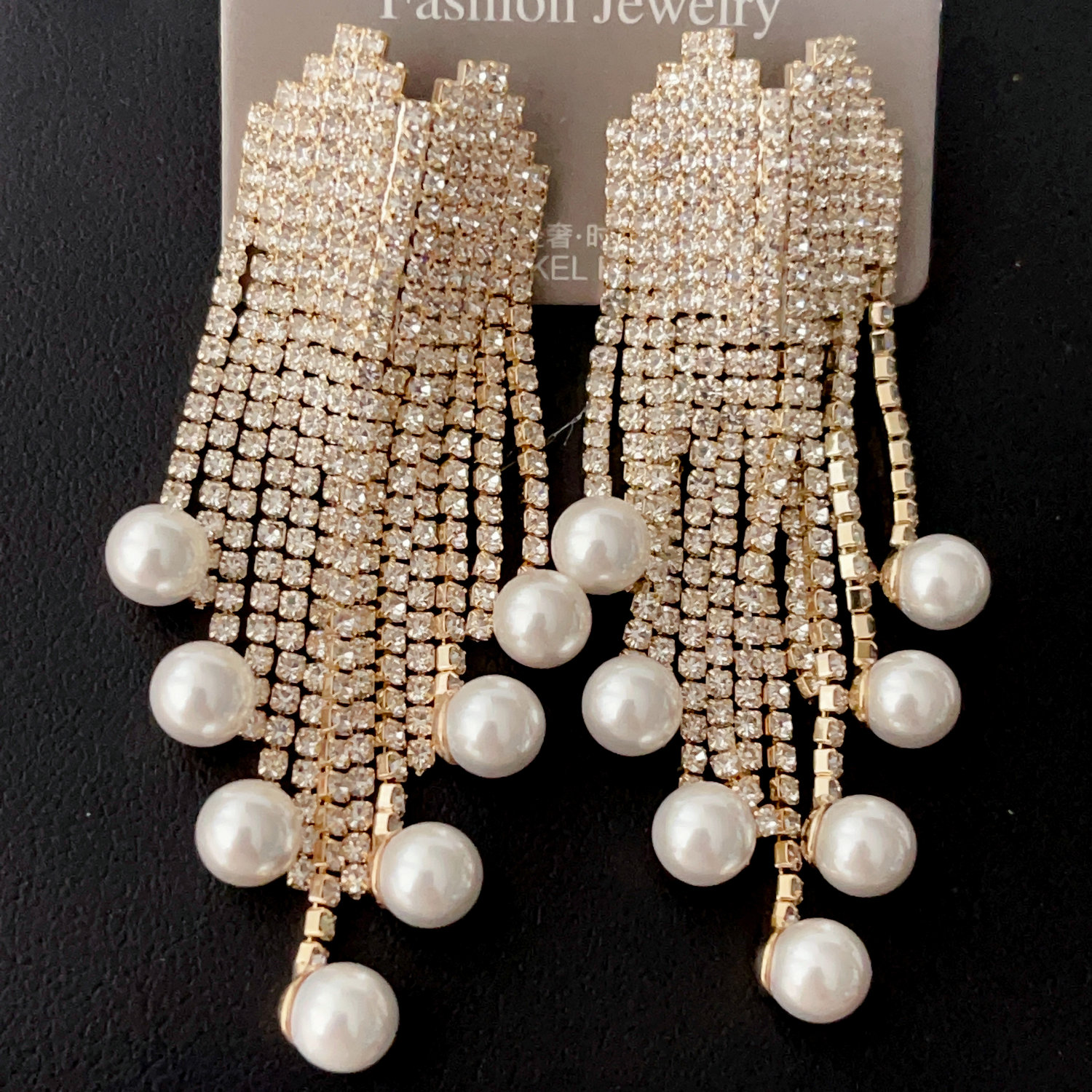 rhinestone pearl tassel earrings