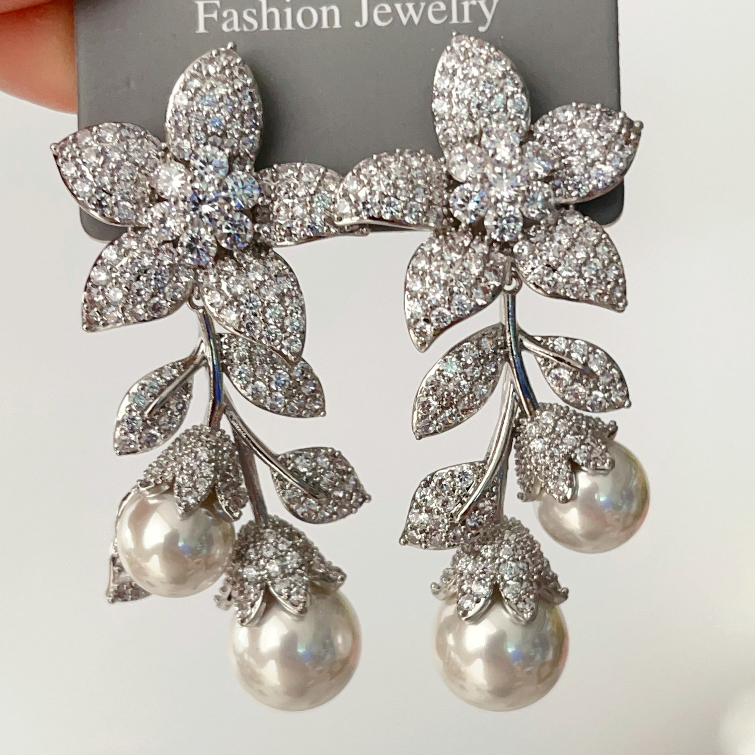 Pave zircon pearl earrings