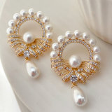 Pave round pearl earrings