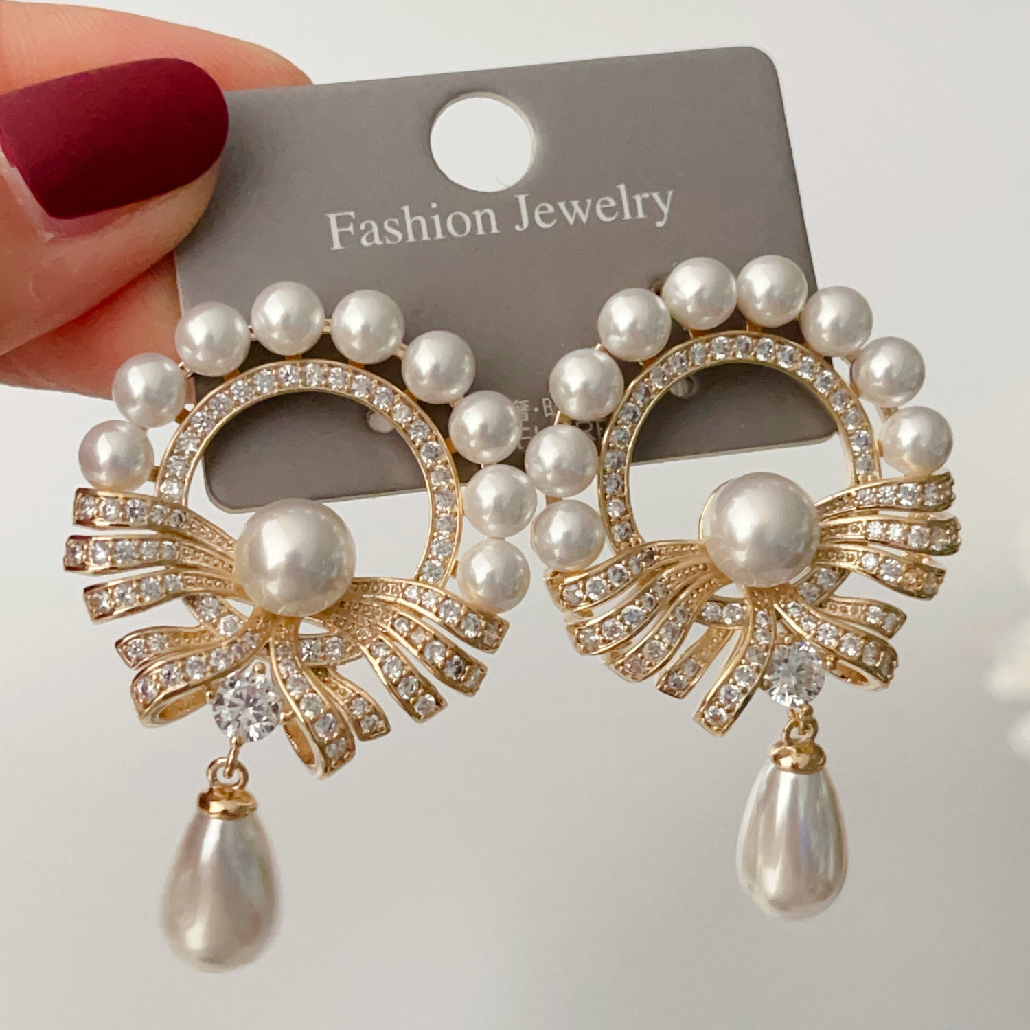 Pave round pearl earrings