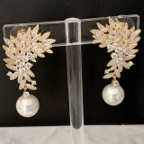 Pave leaf pearl earrings