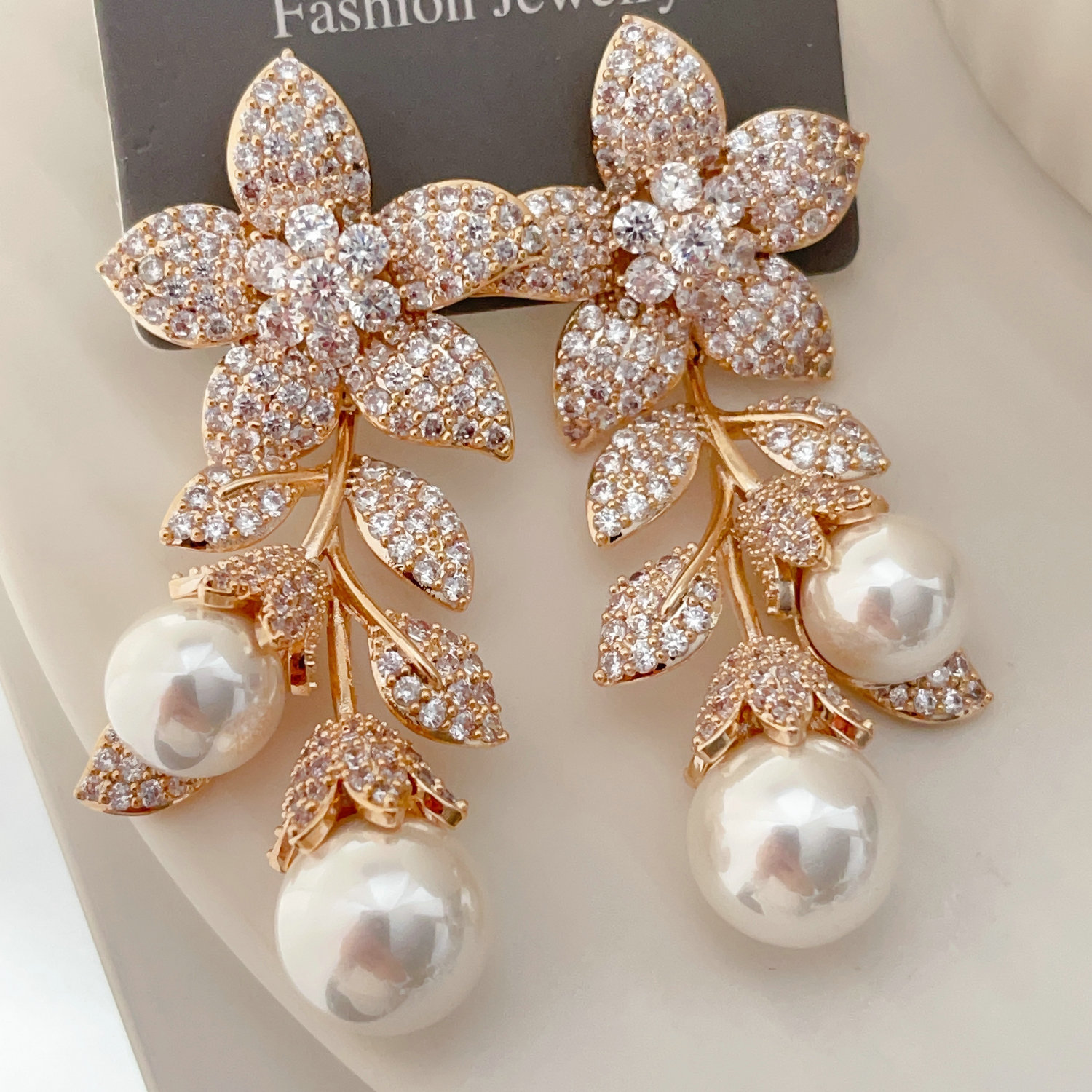 Pave zircon pearl earrings
