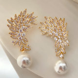 Pave leaf pearl earrings
