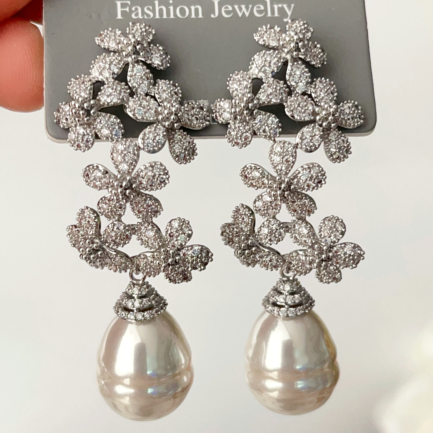 Pave zircon flower pearl earrings