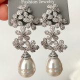 Pave zircon flower pearl earrings