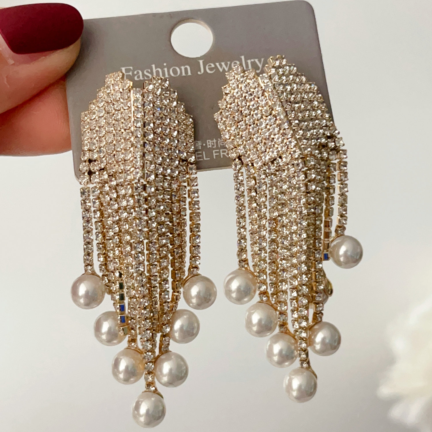 rhinestone pearl tassel earrings
