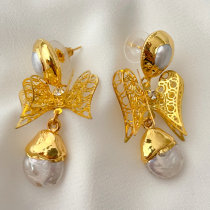 Gold angel wings pearl earrings