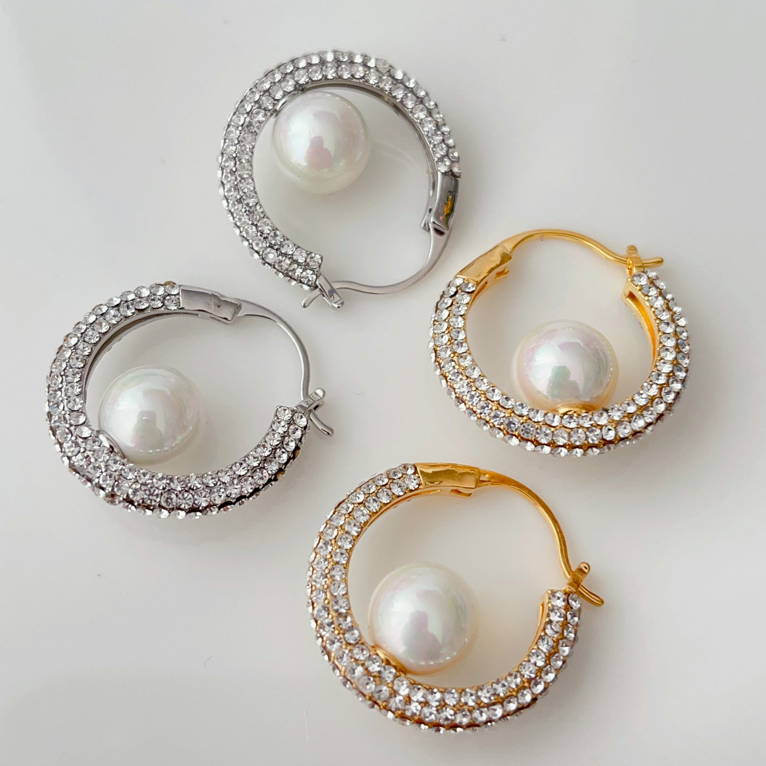 Pearl rhinestone hoops earrings