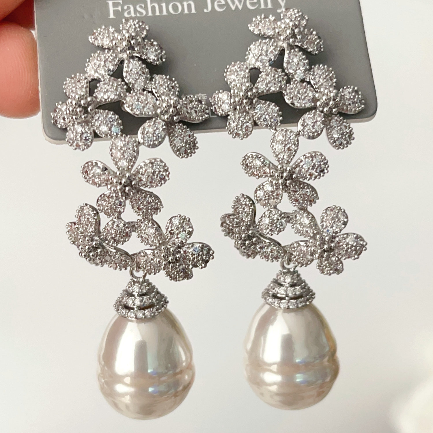 Pave zircon flower pearl earrings