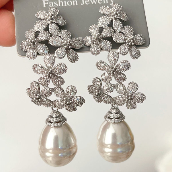 Pave zircon flower pearl earrings