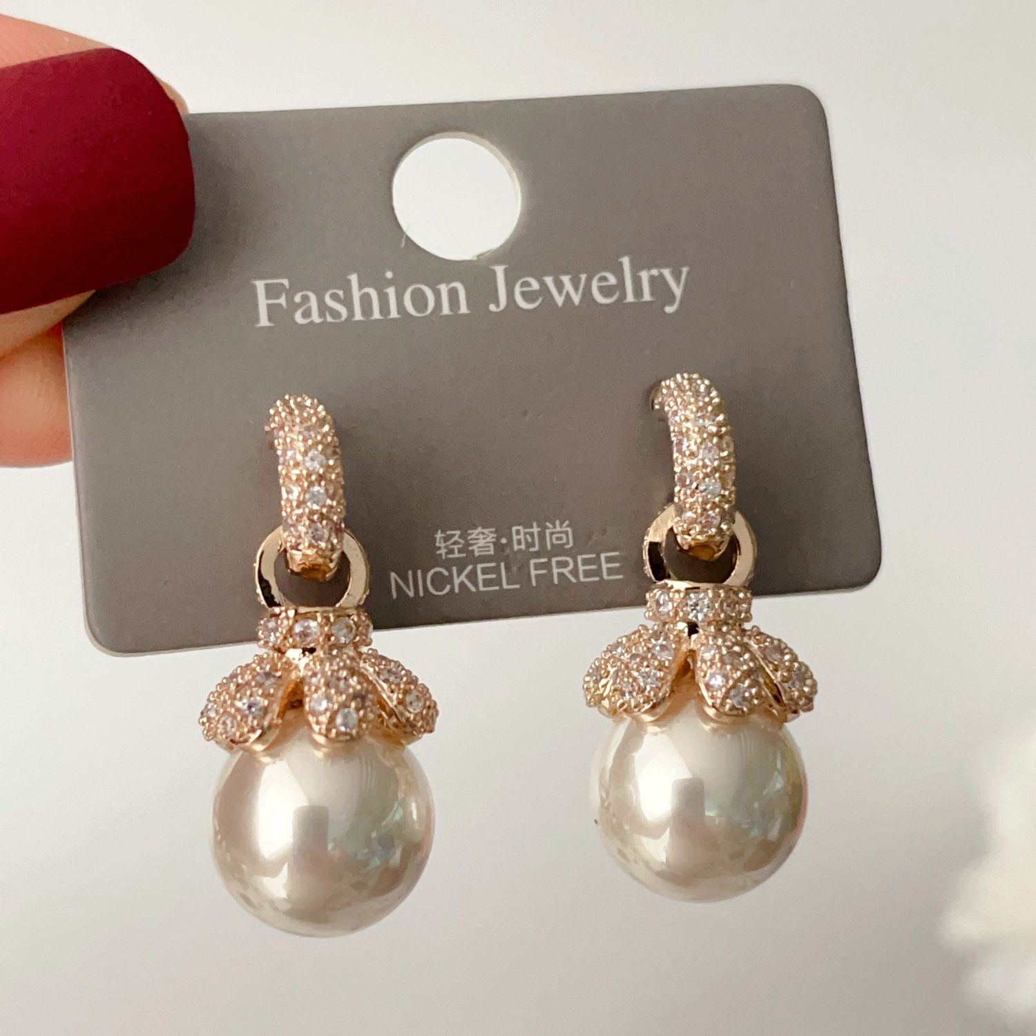 Pave flower pearl earrings