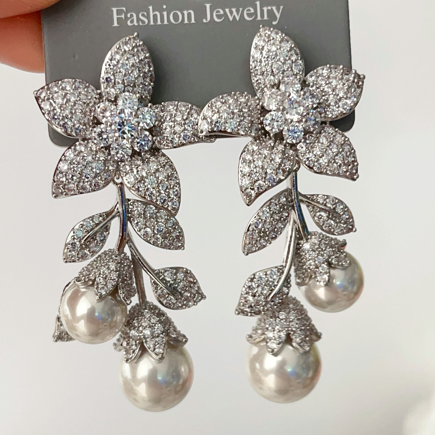 Pave zircon pearl earrings