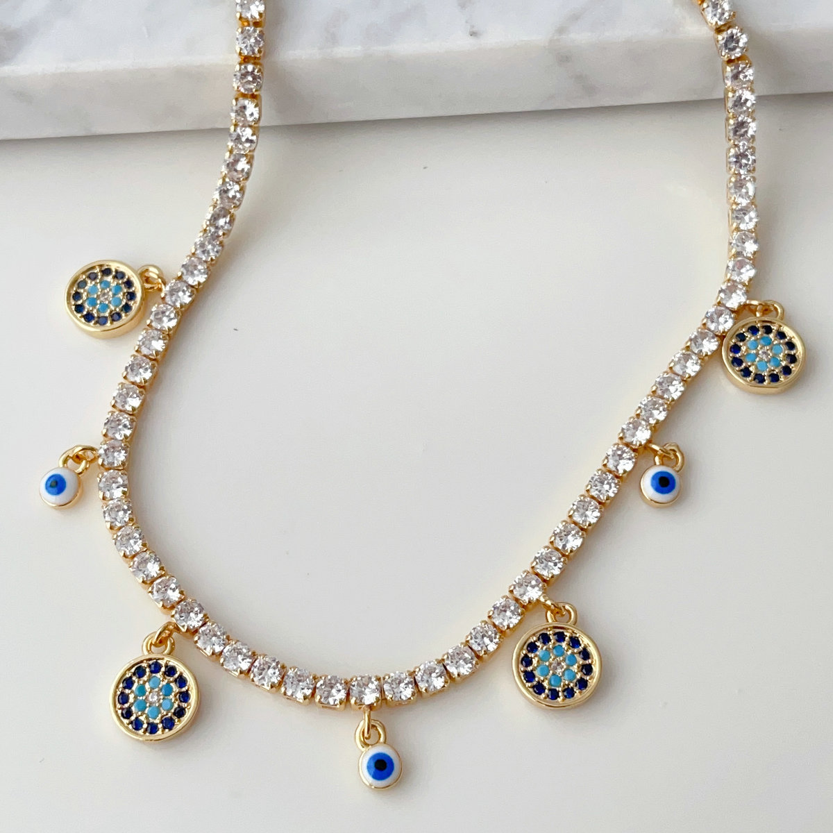 CZ tennis choker with Evil eye charm