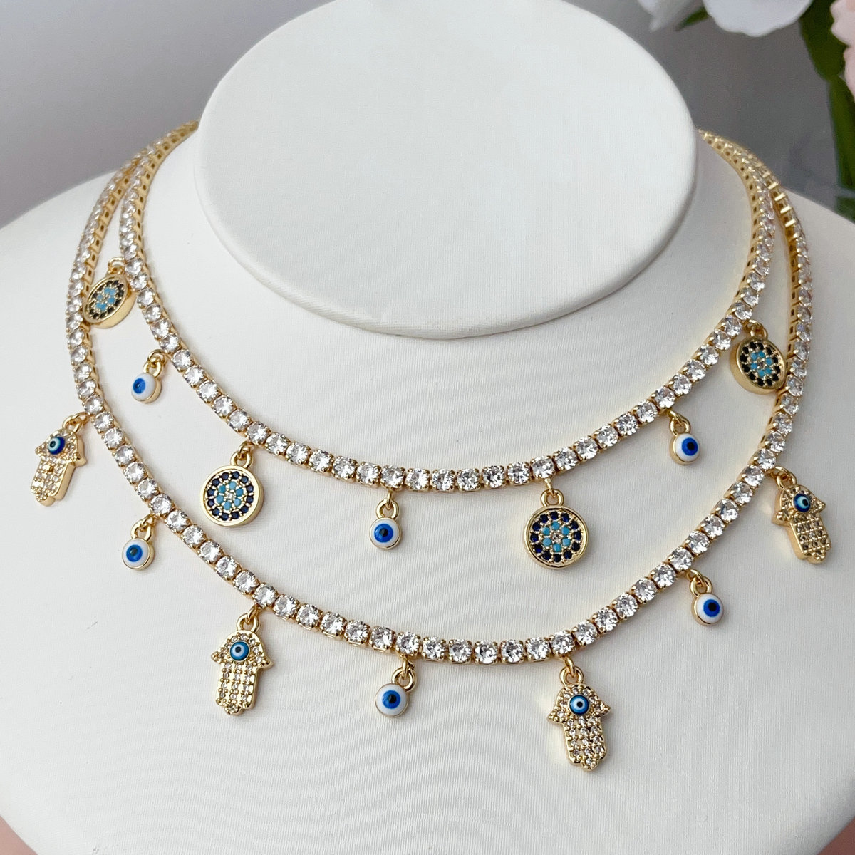 CZ tennis choker with Evil eye Hamsa charm