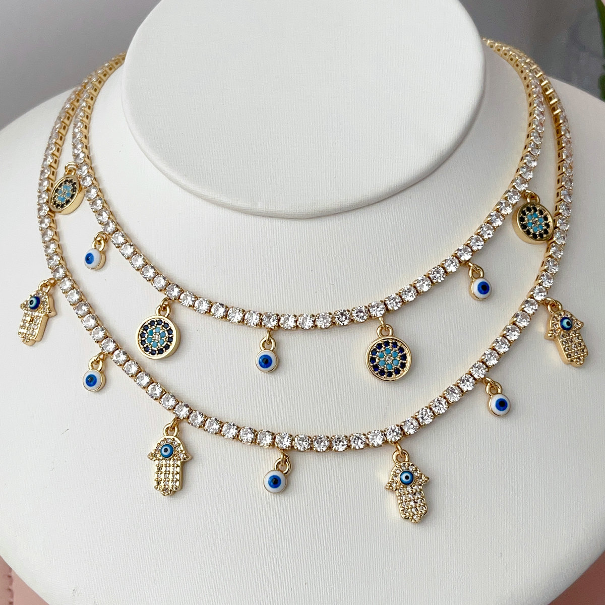 CZ tennis choker with Evil eye charm