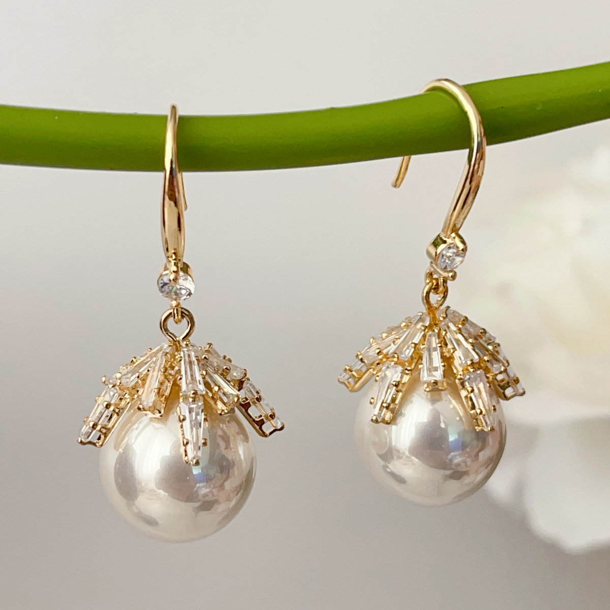 Glass pearl cz drop earrings