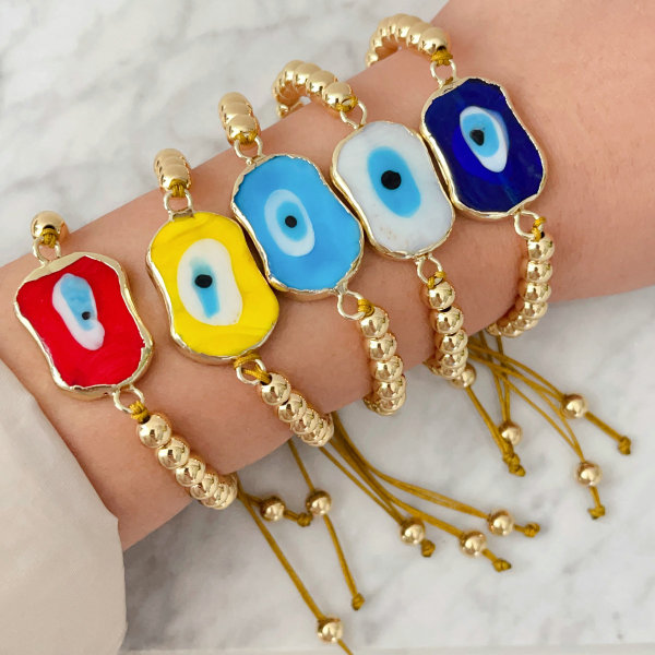6mm gold bead bracelet with square glass evil eye charm