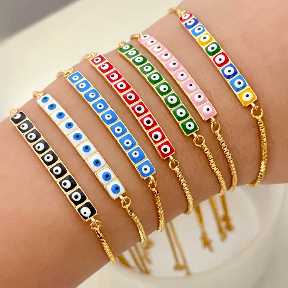 Enamel square evil eye bracelet
