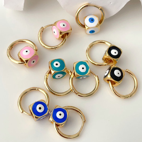 Square evil eye bead charm hoops