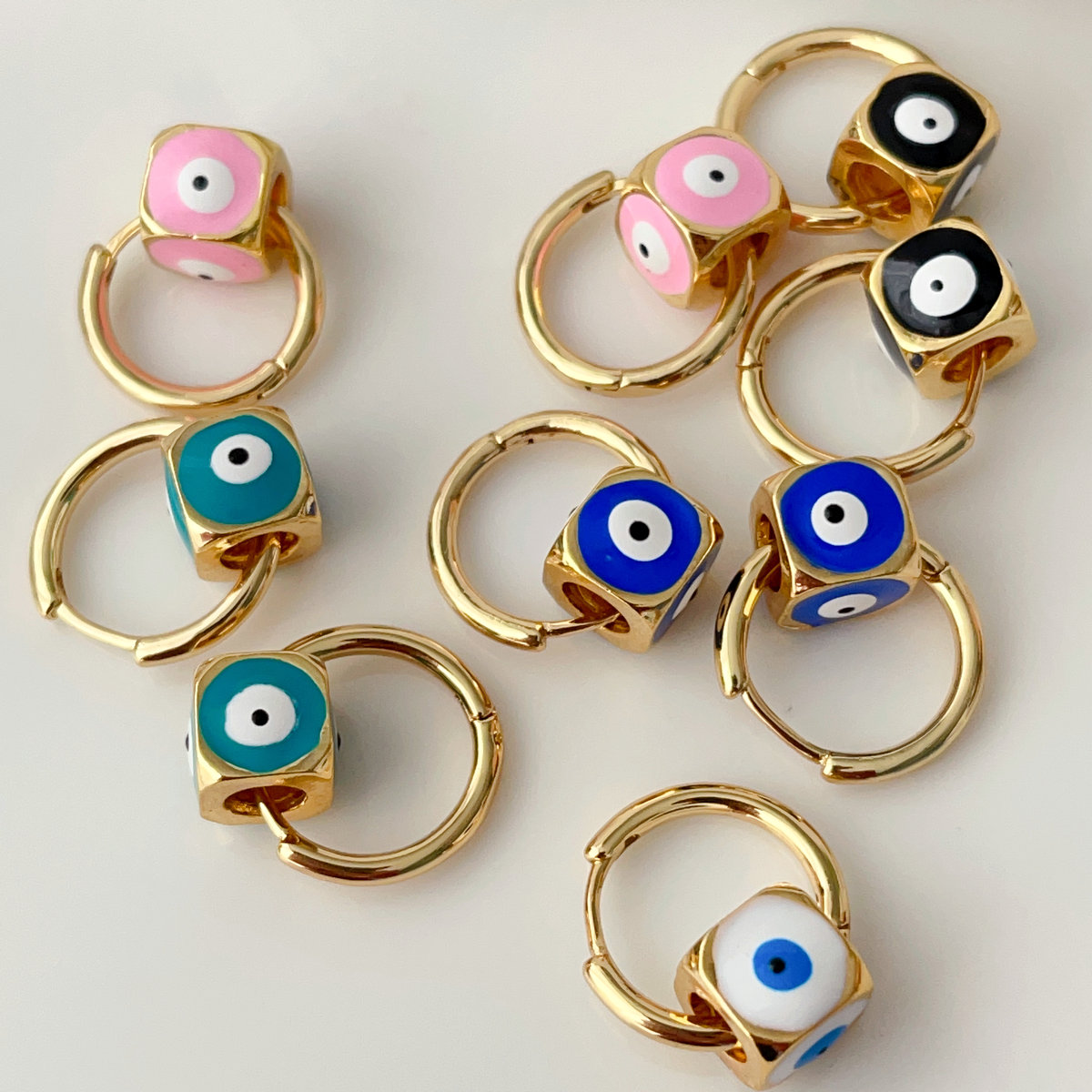 Square evil eye bead charm hoops