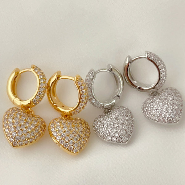 Pave cz heart dangle earrings
