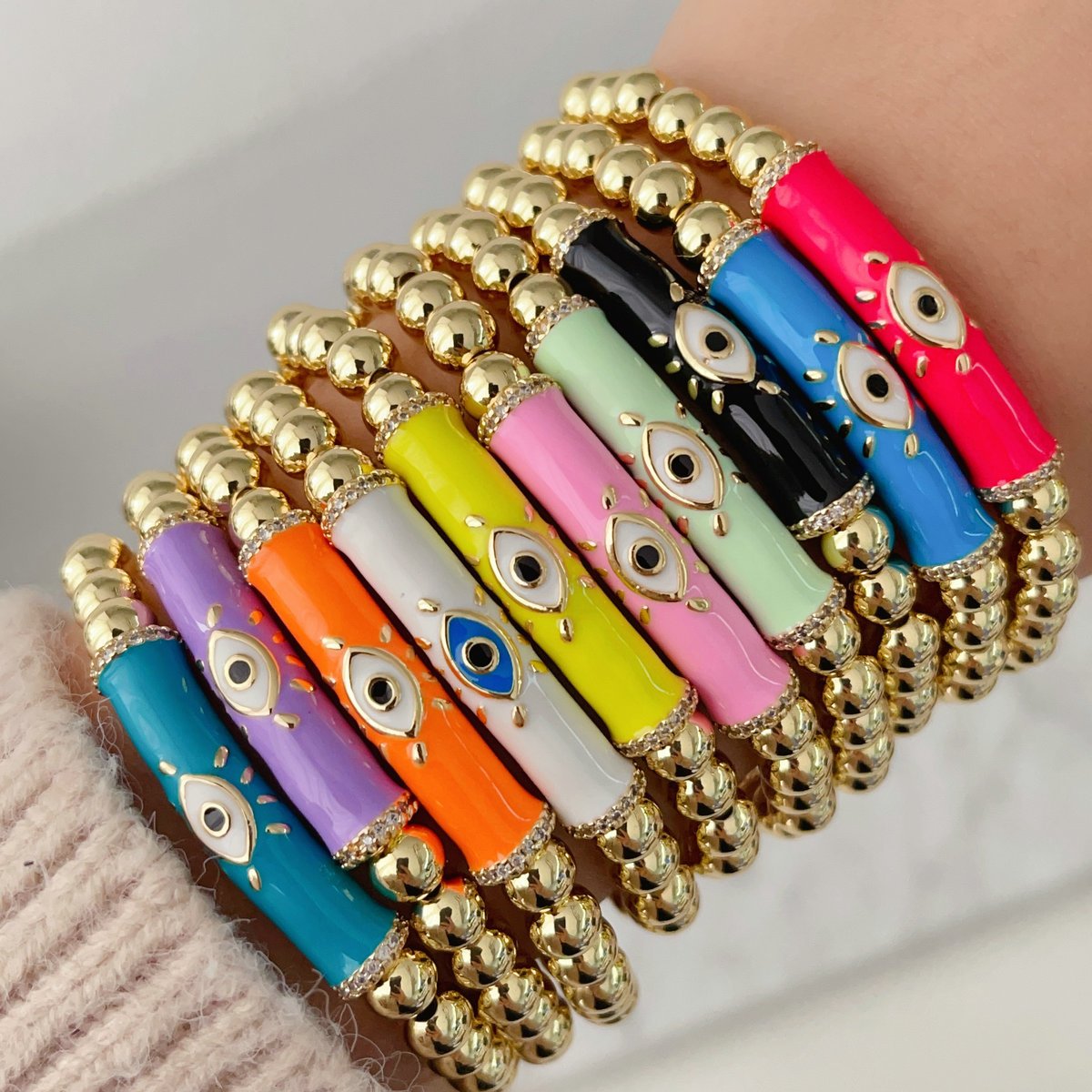 Evil eye elastic gold ball bracelet