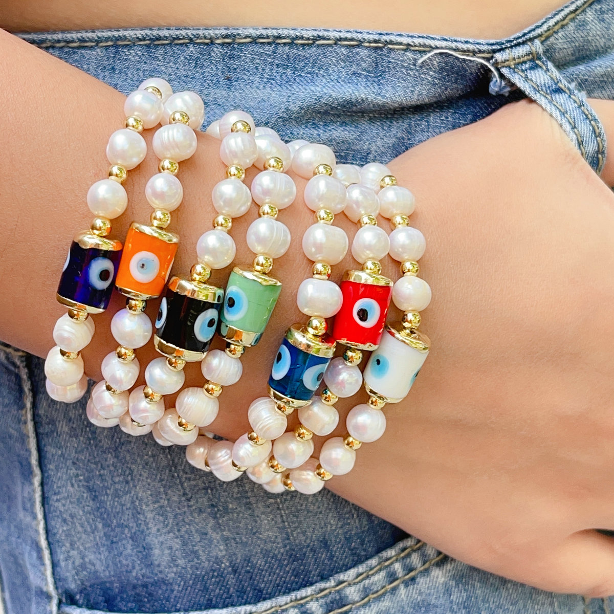 Pearl evil eye elastic bracelet