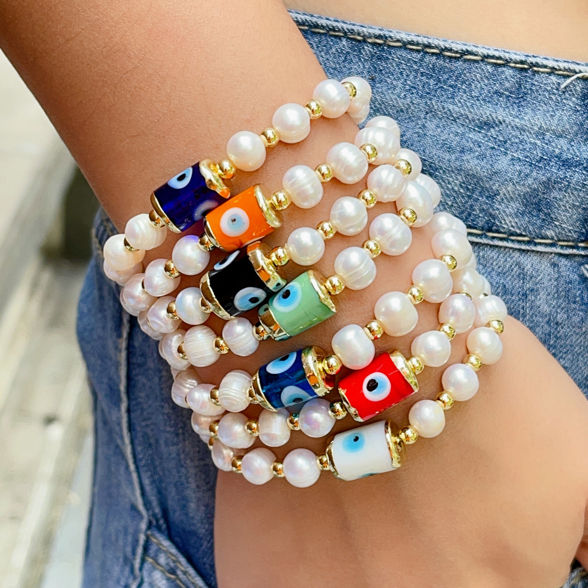 Pearl evil eye elastic bracelet