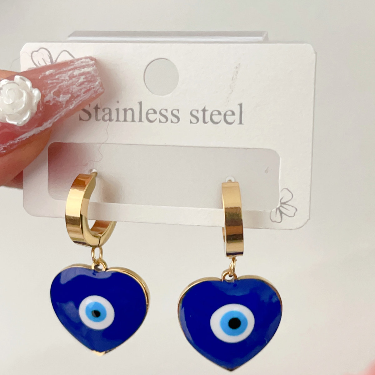 Stainless steel blue evil eye heart drop earrings