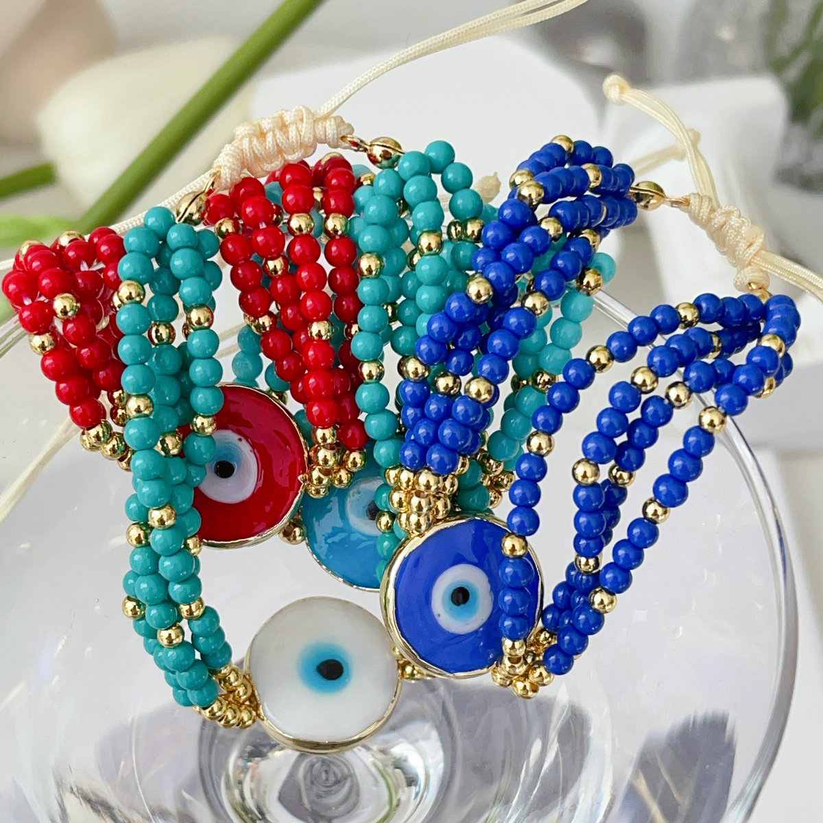 Coloful bead glass evil eye bracelet