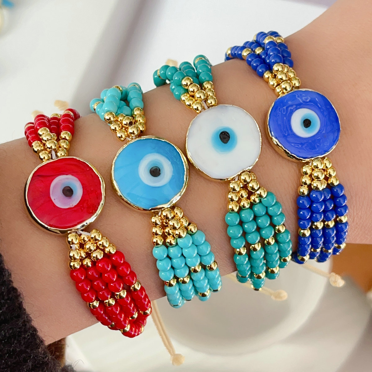 Coloful bead glass evil eye bracelet