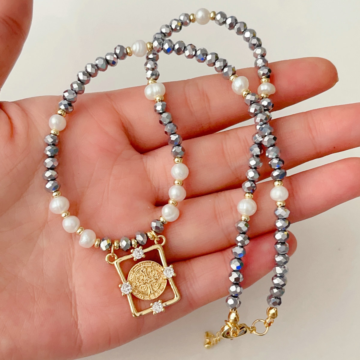 Cross grey chinese crystal necklace
