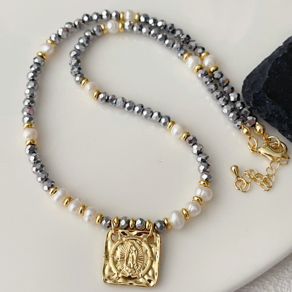 grey chinese crystal necklace with square pendant