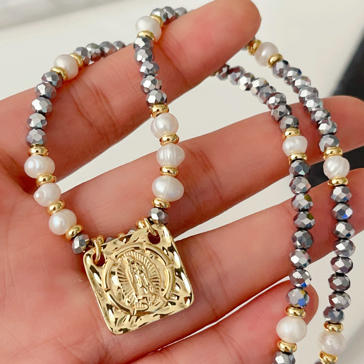 grey chinese crystal necklace with square pendant