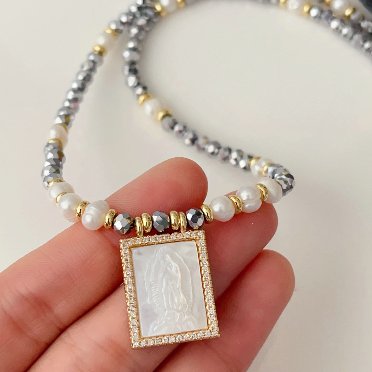 Mop virgin mary crystal necklace